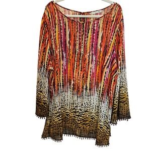 Peter Nygard XL Semi Sheer Colorful Artsy Beaded‎ Tunic Top Blouse #384